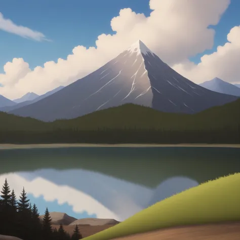 there is a painting of a mountain with a lake in the foreground