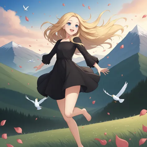 1girl,blonde hair,long hair,blue eyes,
black dress,
outdoors,nature,sky,mountain,grassland,wind,floating hair,
smile,open mouth,open arms,bird,petal,leaf,