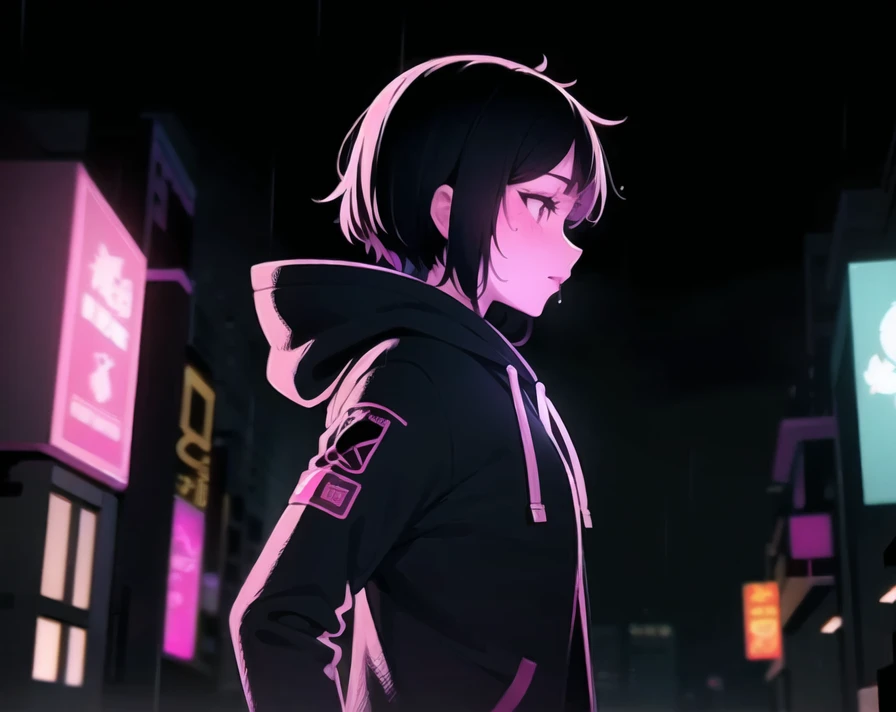 masterpiece, best quality, flat color, limited palette, 1girl, a female cyberpunk hacker walking through rainy neon-lit city streets, wearing a hoodie with the hood up, low-key lighting, detailed face, profile  