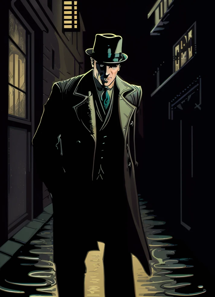 иллюстрация частного детектива 1920-х годов, идущего по темному и дождливому переулку., детальное лицо, мрачный фильм, сдержанный, нарисовано Робертом Магуайром и Альфонсом Мухой, to8контрастный стиль 