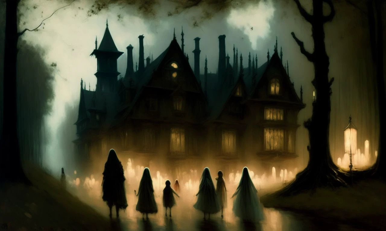 Une forêt sombre hantée par des fantômes, witches et werewolves, avec un château sinistre qui se profile au loin, (par classipint:0.4) et (peinture saumonV2:0.7), 