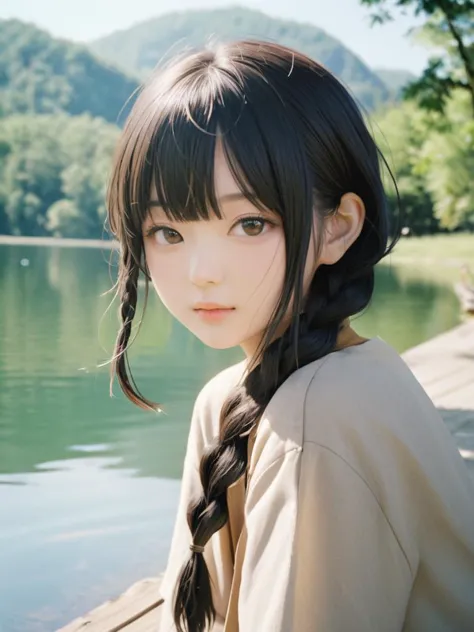 Asian female,young,long black hair with braids,bangs,outdoor setting,lake,daylight,portrait,high image quality,clear focus,shallow depth of field,
realistic,film photography style,light grain,
masterpiece,best quality,<lora:SDS-XLæ³åè°èå¨_v1.0:0.8>,<lora:SDXL_FILM_PHOTOGRAPHY_STYLE_BetaV0.4:0.6>,