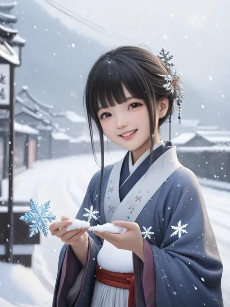 (best quality, masterpiece:1.2),ultra high res,photorealistic,great textures,ultra high res,realistic,QIEMANCN,A Chinese girl in hanfu held up snowflakes and threw them into the sky,with a happy smile on her face. There was a cute snowman placed beside the road in the distance,and the snow was still falling,