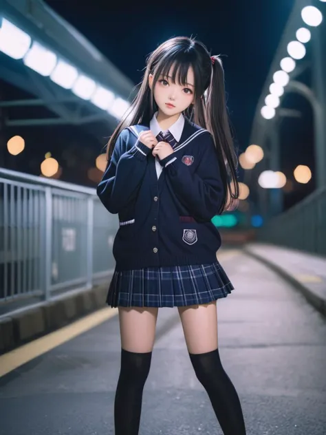 Asian female,young,school uniform,pleated skirt,thigh high socks,cardigan,night scene,long hair,hair ties,standing pose,looking ...