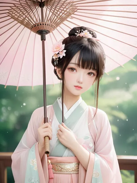 Asian female,traditional attire,Hanfu,holding umbrella,floral hair accessories,outdoor setting,natural daylight,focused gaze,sof...