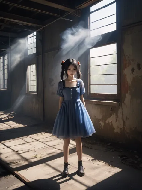 Gothic style,twin tails hairstyle,young adult,(best quality, masterpiece, photorealistic, realistic),8K,tyndall effect,realistic photography,Screen Settings 3:4,flowers,colorful flowers,little flowers in the corner,An Asian girl in a blue tight dress is standing in a dusty abandoned factory,light shining from the window,smoke around,Leica color,35mm,Abandoned building,(Various dance moves:1.2),(rim light),(the style of photography:1.1),(japanese style fuji photography style:1.3),(real:1.1),forest,(in the dark:1.1),(deep shadow:1.2),(low key:1.3),(Tyndall effect:1.2),(full_body:1.7),