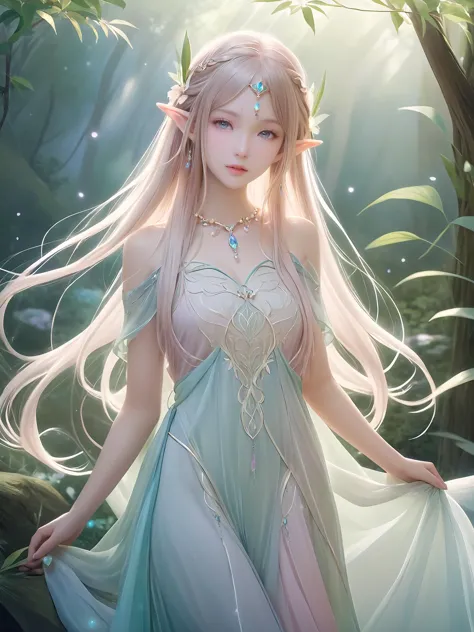 elf,enchanting beauty,fantasy,ethereal glow,pointed ears,delicate facial features,long elegant hair,nature-themed attire,mystica...