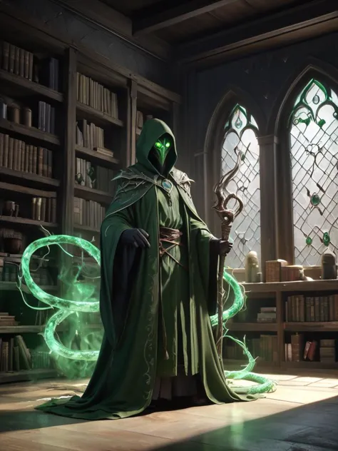 venomous sorcerer,ominous dark robes,glowing green eyes,holding a staff with a serpent design,mystical green flames,poisonous mi...
