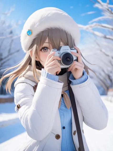 1girl, march7 honkai star rail, holding camera, one eye closed, pointing at viewer, outsside, winter, BREAK blurry background, ,...