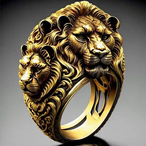 a gold ring with a lion head on it