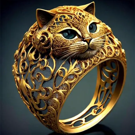 a close up of a gold ring with a cat's face