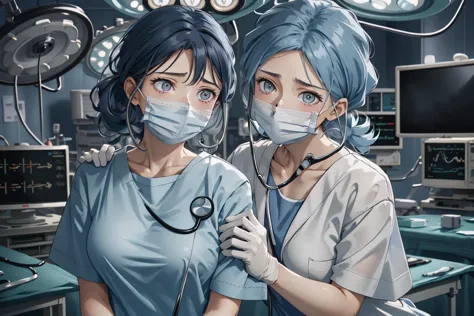 (RAW photo, best quality,facing the viewer,from front), operating room, overhead surgical light,blurred background, focused, dithering,backlighting,
 <lora:CM_Scene_Surgical_Exam_V2.0-000007:0.85> 2girls, scene_surgexamnurse, surgical mask, doctor, stethoscope, gloves, 
 <lora:HinataV3:0.7> hyuuga hinata, solo,dark blue hair, long hair,white eyes,