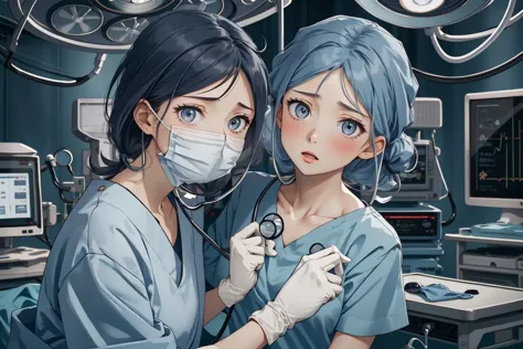 anime characters in operating room with surgical equipment and monitors