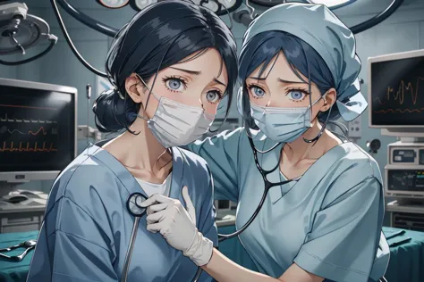 two women in scrubs are standing in an operating room