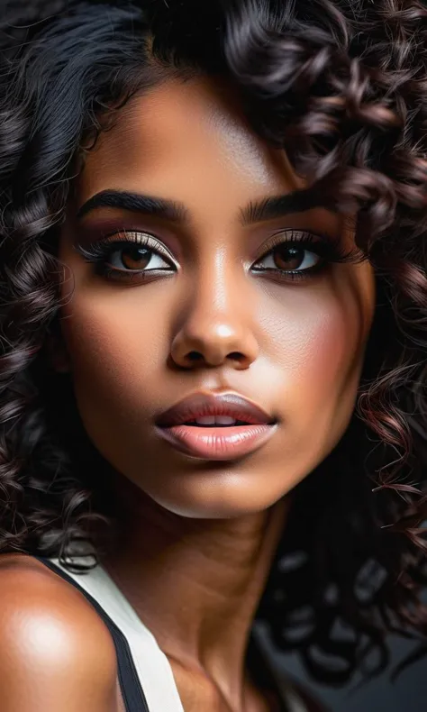 a woman with a black and white top and curly hair