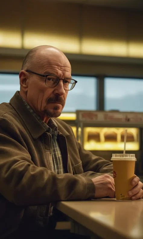 a man sitting at a table with a drink in his hand