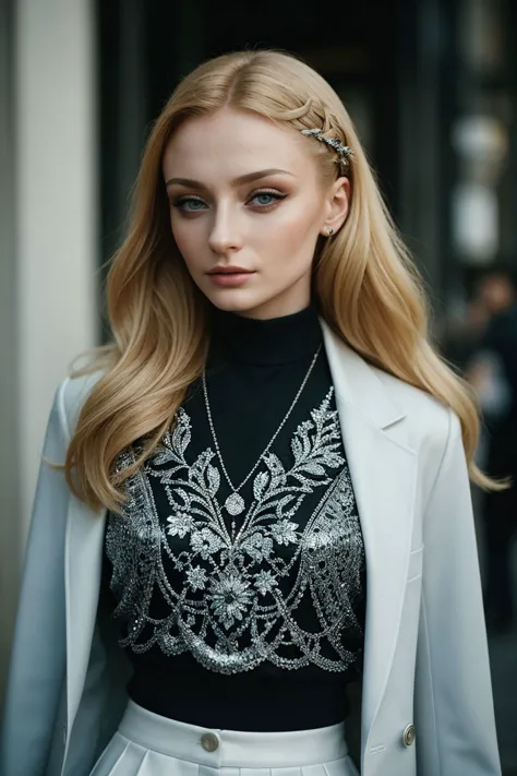 wunderschönes ungestelltes Street-Fashion-Porträt, (sfw:1.2) blonde [1 Mädchen:Sophie_Turner:0.0], detaillierte realistische Haut als ängstliches Model, Street-Fashion-Editorial-Stil-Foto, (redaktionell dekoriertes Thema mit einem dekorierten Styling, Street-Fashion-dekorierte Frisur und dekorierte Mode und dekorierte Accessoires), redaktionelle Fotografie, indoors in a Street-Fashion-Fotostudio with a concrete background and decorated decoration, extravagante künstlerische Pose, fesselnder Glamour, Zeitschriftenstil, professionelles, hochbudgetiertes Foto, geringe Schärfentiefe, Street-Fashion-Foto, epische Charakterkomposition, scharfer Fokus, Untergrundstreuung, f2, 35mm, Filmkorn