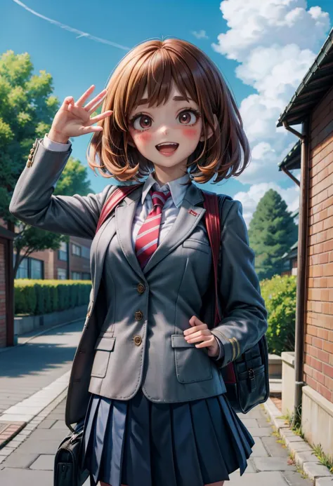 uraraka ochako, 1girl, u.a._school_uniform, school_uniform, solo, necktie, blush_stickers, skirt, open_mouth, looking_at_viewer, smile, red_necktie, pleated_skirt, jacket, sky, bag, day, cloud, backpack, blazer, :d, long_sleeves, teeth, shirt, grey_jacket, blue_sky, tree, collared_shirt, outdoors, white_shirt, blush, waving, green_skirt, upper_teeth_only, window, cowboy_shot, standing, cloudy_sky, <lora:uraraka_ochako:1>