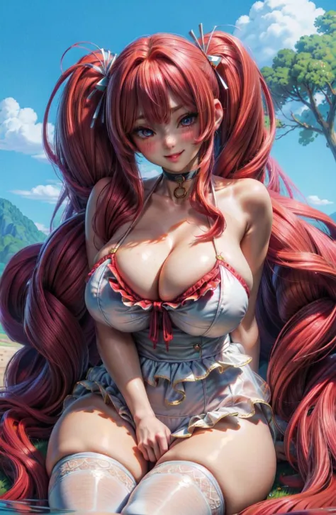 (Highres), (Detailed Illustration), Ultra-Detailed, masterpiece, 1girl,solo,gigantic breasts,thick thighs,huge thighs,thighhighs,white bikini.smile,curvy,areola slip,large areolae,la brava,twin tails,red hair,heavy blush,choker, sitting,outdoors,venusbody
...
