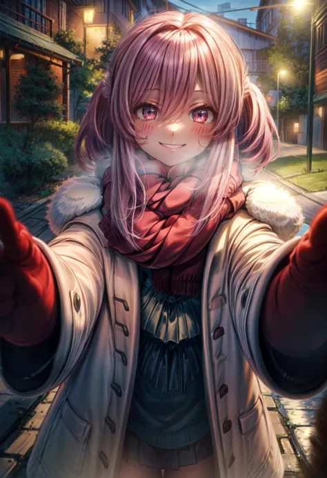 (Highres), (Detailed Illustration), Ultra-Detailed, 8k,highres, masterpiece, pov cheek warming, 1girl, smile,  scarf,  blush, coat,  solo, looking at viewer,  <lora:pov_cheek_warming:1>    <lora:nerissa_ravencroft:1> nerissa ravencroft  <lora:add_detail:1> <lora:hairdetailer:0.8>