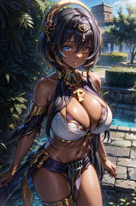 (volumetric lighting, Highres), (Detailed Illustration), Ultra-Detailed, 8k, nsfw, (detailed background, complex background:1.2), full-face blush, (milf, mature female:1.4), smile, happy, parted lips, <lora:candace:0.8> candace, 1girl, solo, (dark skin, da...