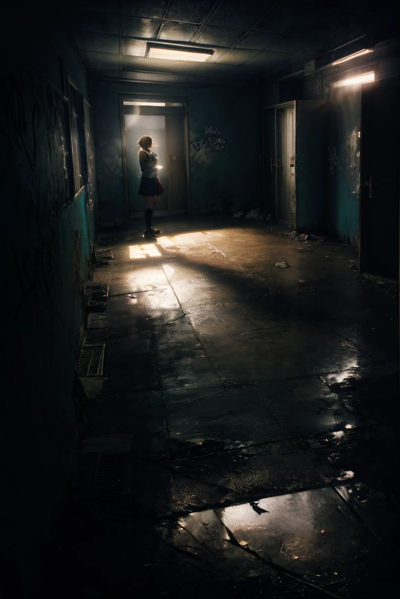 cowboy shot, mature woman, pretty face, standing, , miniskirt, wide hips, huge breasts, indoors, restroom, urinal, dirty, dark, trash, graffiti, cracked wall, cracked floor, cinematic lighting, (chiaroscuro:1.4), hires, volumetric lighting, highly detailed background, masterpiece, 