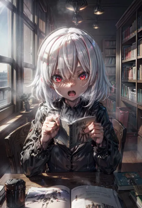 anime girl with white hair and red eyes sitting at a table