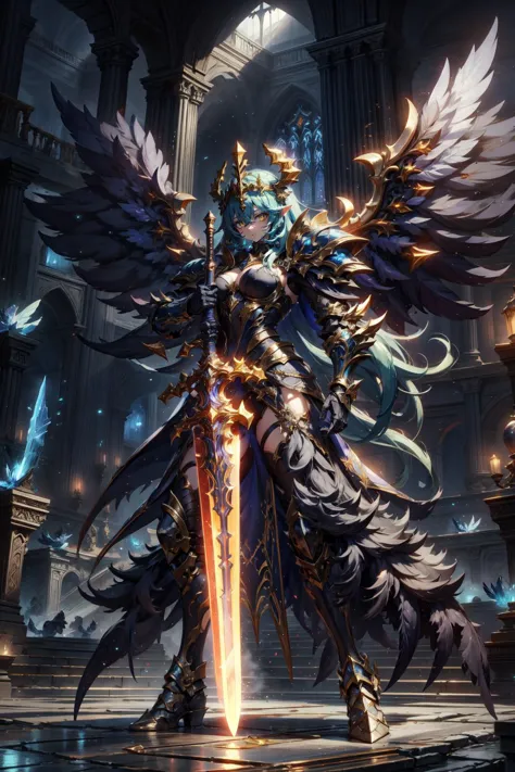 ethereal fantasy concept art, girl in black and gold armor, glod tiara, gold armor, holding gold sword, low wings, head wings, multiple wings, winged helmet, glowing sword, glowing runes, smug, glowing eyes, yellow eyes, constricted pupils, glowing yellow eyes, tsurime, parted lips, magic circle, glory, glory light, glory light \(weapon\), lighting, glow swirling light, gem, blue gemstone, with a dynamic and magical background, looking down, masterpiece, best quality, magnificent, celestial, ethereal, painterly, epic, majestic, magical, fantasy art, cover art, dreamy, Multi-Layered Textures, HDR, High Dynamic Range, Maximum Clarity And Sharpness, Multi-Layered Textures, <lora:Fantasy_warriors_-_by_HailoKnight:0.8>