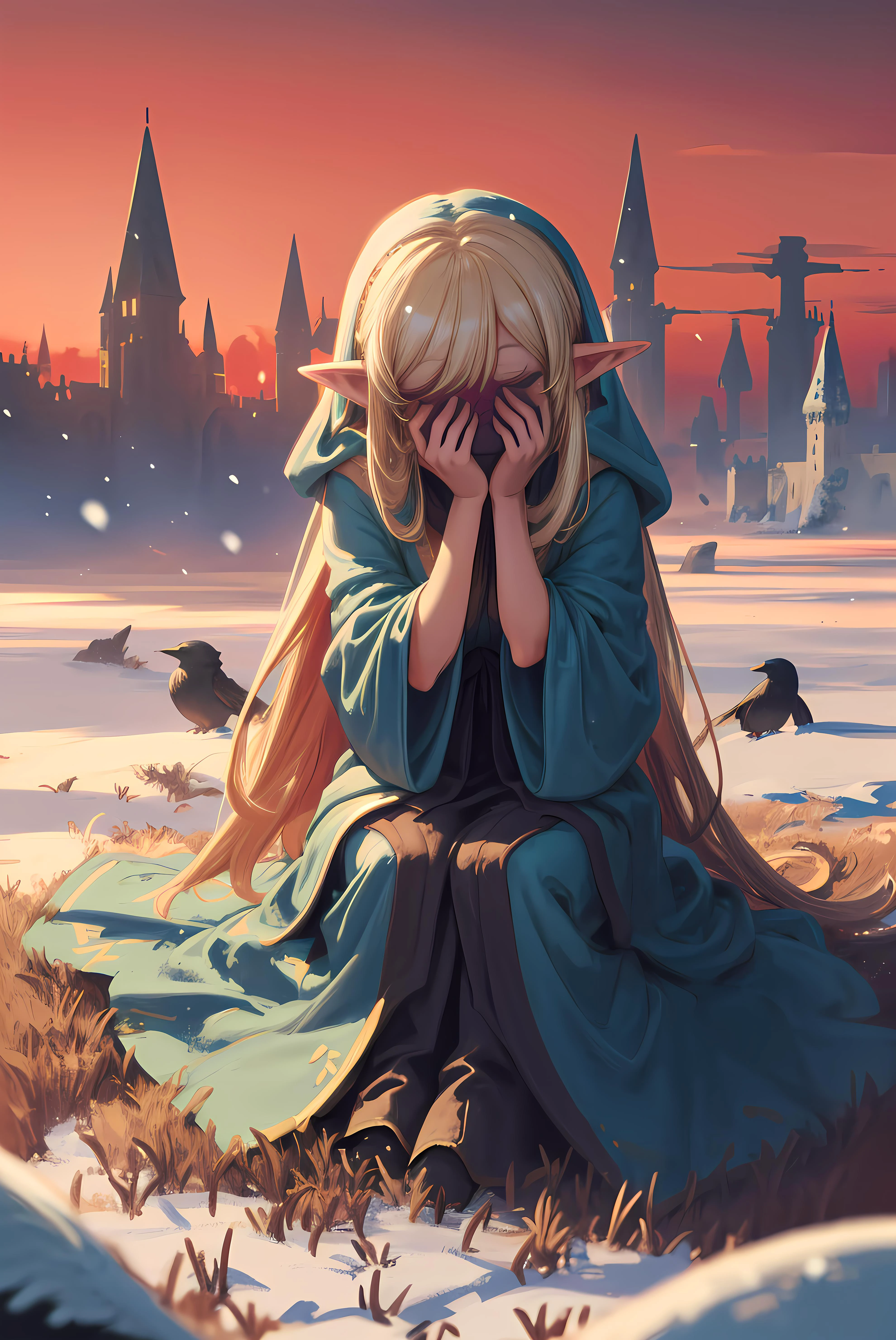 close up shot of a elven woman in a glowing magical robe covered runes, covering her face with her hands, She is sitting in a field lightly dusted with snow, a huge dark castle is visible in the background, blond hair, light blue skin tone, perfectly drawing hands, red sky, black crows are circling in the sky, LegendDarkFantasy, in the style of flat shading, by style Gemma Correll, 2d animation 