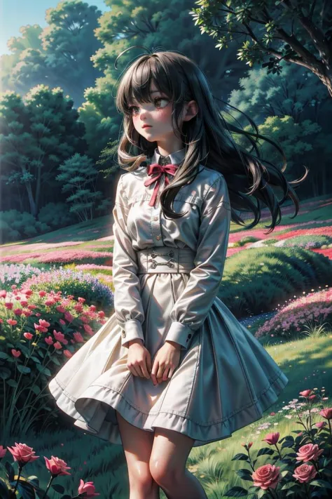 A melancholic autumn scene in a vast flower field,a gentle breeze rustling through the dry grass,fallen leaves scattered among the flowers, a bittersweet atmosphere, a moment of quiet contemplation,1girl,long hair,white_skirt, high-waist_shorts, outfit ,ro...
