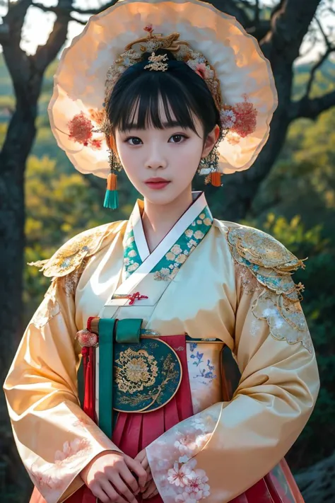 a woman in a traditional korean dress and hat poses for a photo