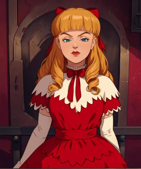 scarlett,blue eyes,blond hair,bangs,long hair,
red dress,white elbow gloves,red hair ribbon,looking at viewer,
smug,standing,
castle,
(insanely detailed, beautiful detailed face,beautiful detailed eyes, masterpiece, best quality) solo,<lora:scarlettohara:0.8>,