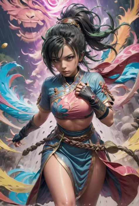 Psychedelic style 1girl,25yo,fighting,in battle,the background is a huge buddha statue and pagoda,cannot fail,black hair,hair bun,blush,sweat,Tsundere,in pouring rain, . Vibrant colors, swirling patterns, abstract forms, surreal, trippy