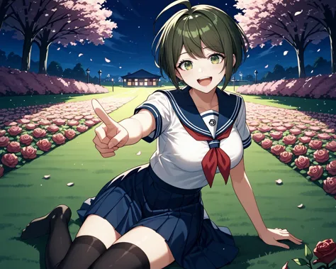 pov chest focus,night time,masterpiece, park,high quality,<lora:komaru_naegi:0.8>komaru naegi ,ort hair, dark green hair ,brown ...