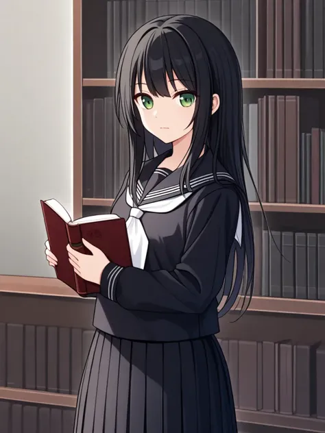 anime girl in a school uniform holding a book in a library