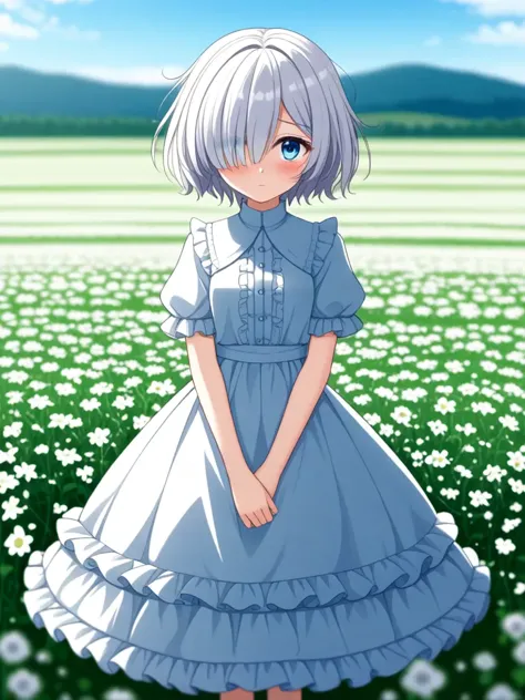 a girl in a blue dress standing in a field of flowers