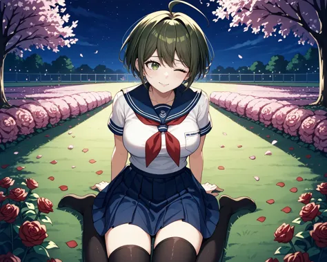 pov chest focus,night time,masterpiece, park,high quality,<lora:komaru_naegi:0.8>komaru naegi ,ort hair, dark green hair ,brown ...