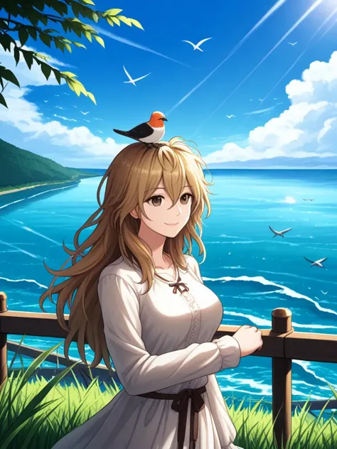 on head, bird, bird, bird on head, bird, blonde hair, breasts, brown eyes, brown hair, cloud, day, grass, hair between eyes, horizon, leaf, long hair, long sleeves, medium breasts, messy hair, ocean, outdoors, railing, river, road, sky, smile, solo, sunlight,