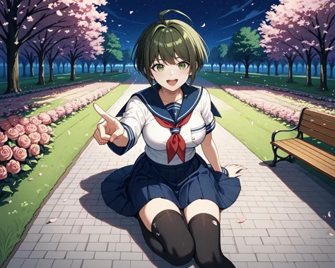 pov chest focus,night time,masterpiece, park,high quality,<lora:komaru_naegi:0.8>komaru naegi ,ort hair, dark green hair ,brown ...