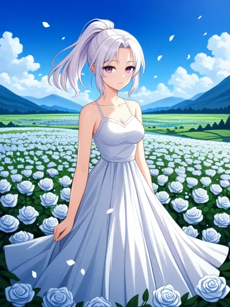 a woman in a white dress standing in a field of flowers