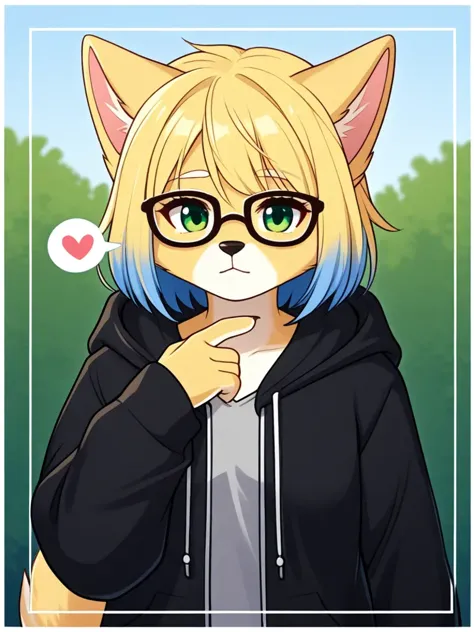 hands, nose, blonde hair, blue hair, body fur, border, closed eyes, closed mouth, eyelashes, furry, furry girl, glasses, green eyes, hand up, hood, hood down, hoodie, long sleeves, looking at another, focus, open clothes, open hoodie, outside border, short hair, solo, spoken heart, tail, upper body, white border,