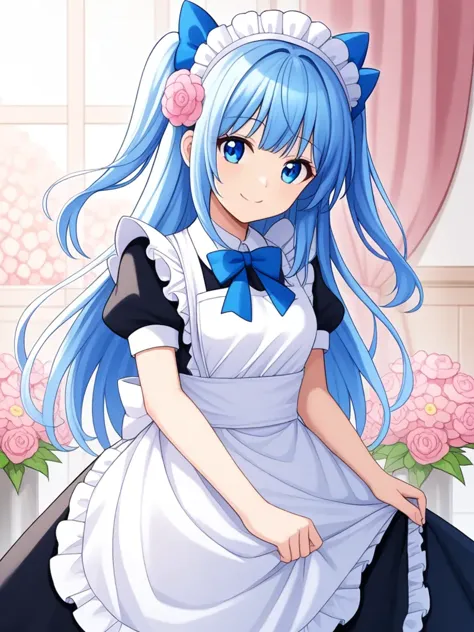 1girl, animal ears, apron, blue bow, blue eyes, blue hair, bow, dress, flower, hair bow, long hair, maid, maid headdress, pink flower, puffy short sleeves, puffy sleeves, short sleeves, smile, solo, two side up, white apron,