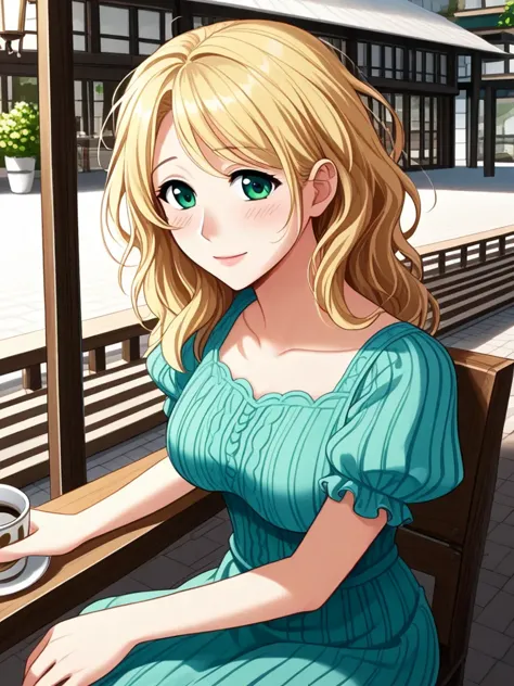 anime girl sitting on a bench with a cup of coffee