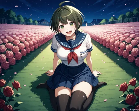 pov chest focus,night time,masterpiece, park,high quality,<lora:komaru_naegi:0.8>komaru naegi ,ort hair, dark green hair ,brown ...