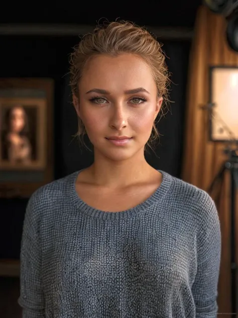 a close up of a woman in a sweater posing for a picture