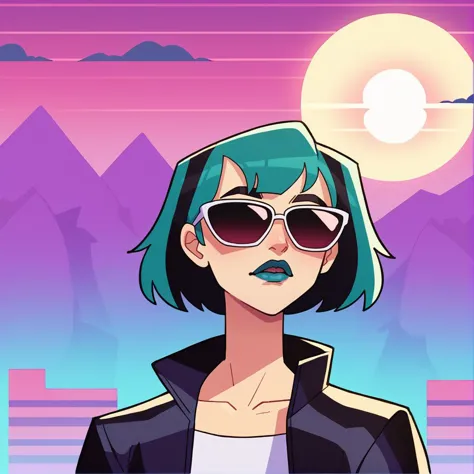 a woman with blue hair and sunglasses standing in front of a mountain