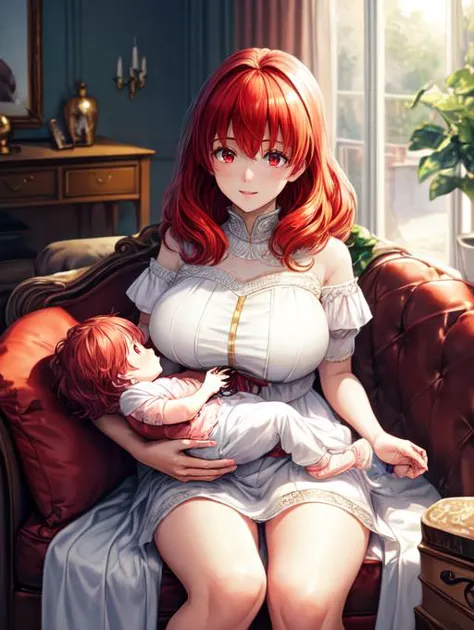 a woman sitting on a couch holding a baby and a doll