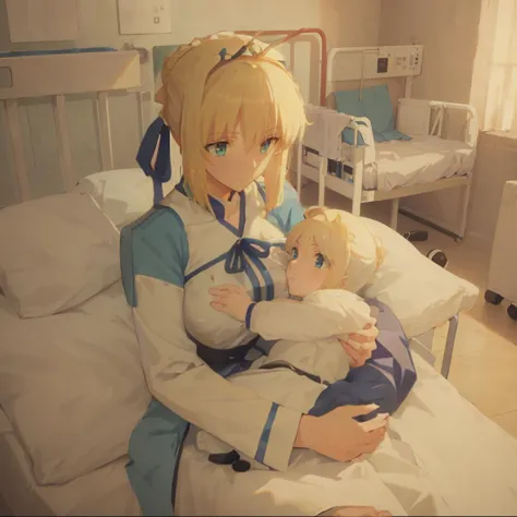 1girl, mother and baby, holding baby, hospital bed, hospital gown:0.9, artoria pendragon \(fate\), blonde hair, <lora:breastfeed...