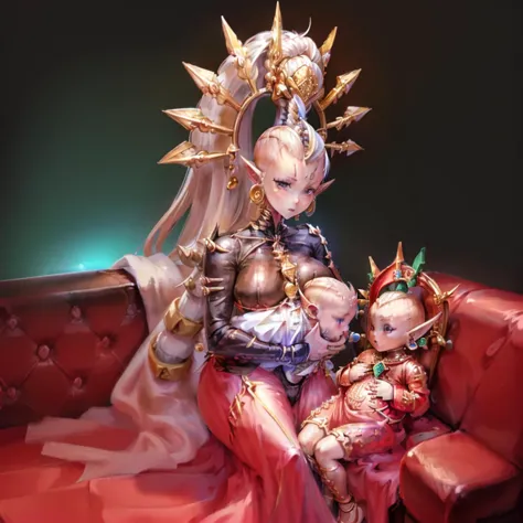 there is a woman sitting on a couch with two dolls