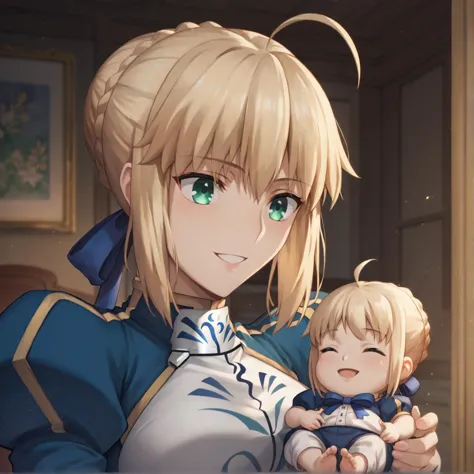 mother and daughter, bedroom, holding baby, baby clothes, smile, <lora:breastfeedingmother:0.8>, bfmother, <lora:artoria-pendrag...